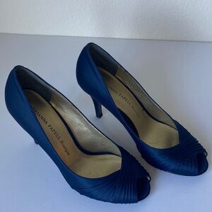 Adrianna Papell Satin Navy Blue Peep Toe Heels